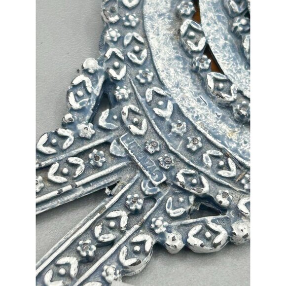 Vintage Florenza Small Hand Mirror Dusty Blue Enamel with Floral Resin Cameo - Picture 6 of 12